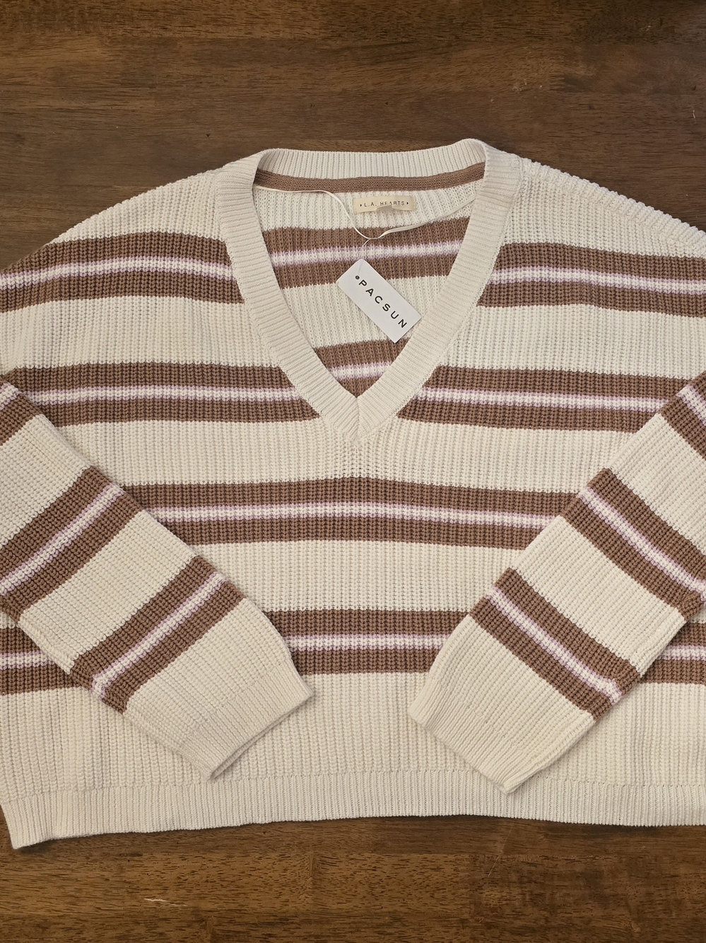 PacSun Cream, Pink & Brown Striped V-Neck Sweater